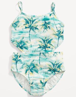 Patterned Cut-Out-Waist One-Piece Swimsuit for Girls blue