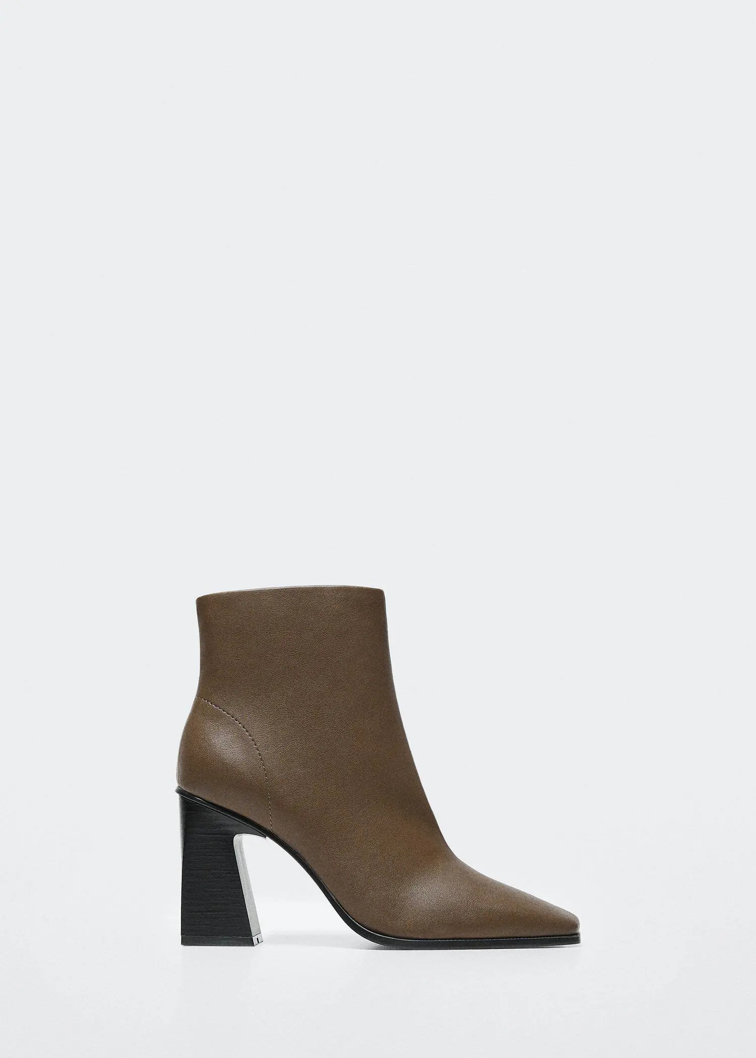 Mango Squared-toe ankle boots. a pair of brown boots with a black and white heel. 