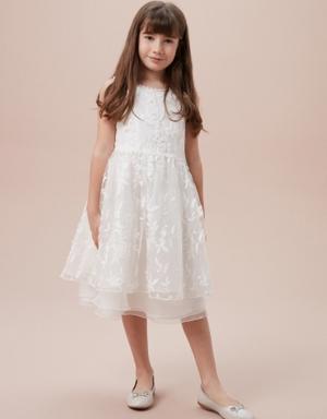 Kırık Beyaz Kayık Yaka Dantel İşlemeli Çocuk Elbisesi