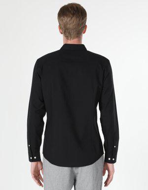 Slim Fit Shirt Neck Erkek Siyah Uzun Kol Gömlek