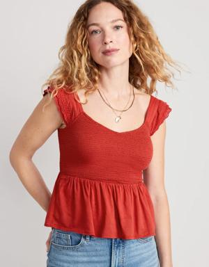 Fitted Smocked Flutter-Sleeve Cutwork Top for Women red