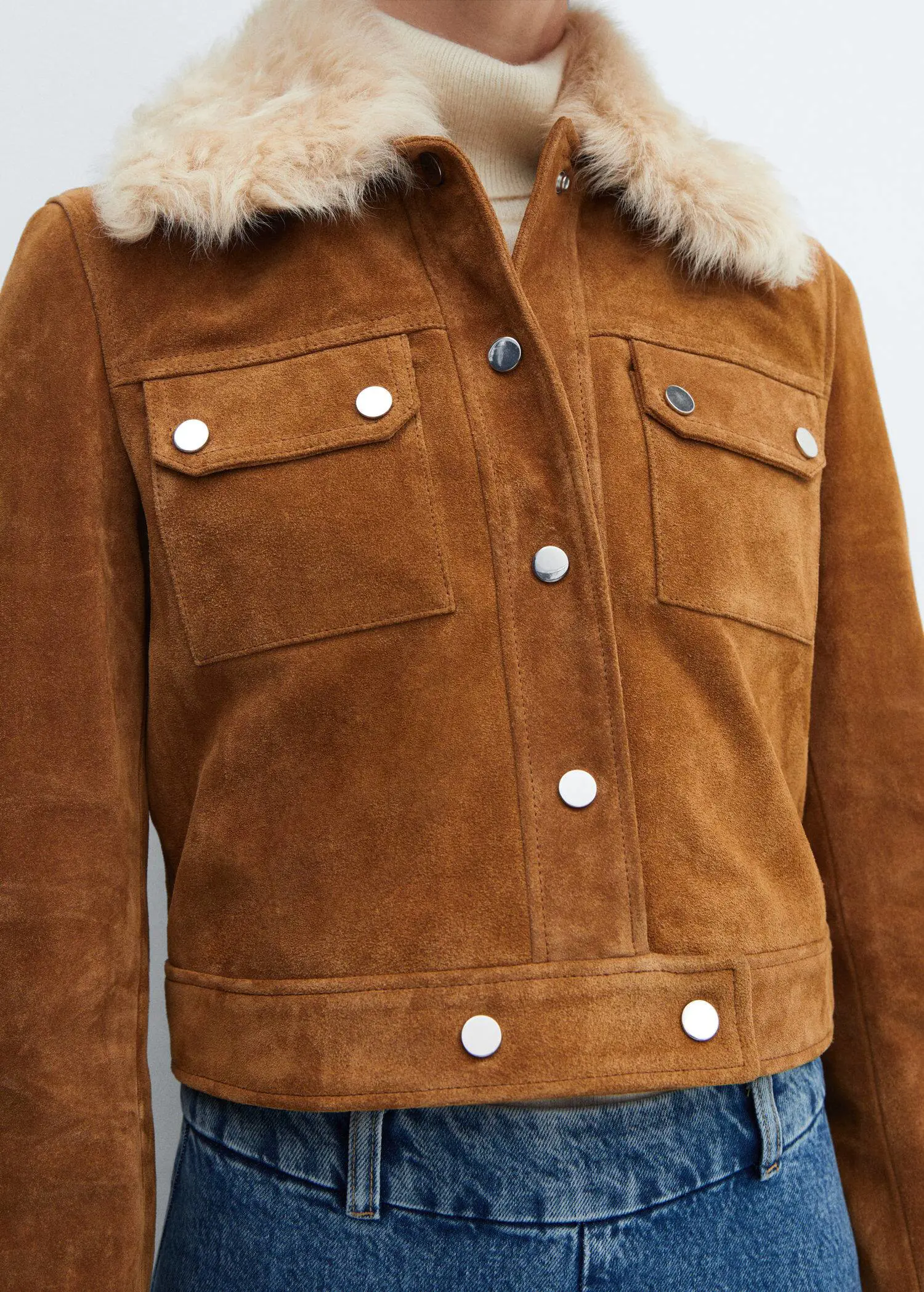 Mango Suede jacket with fur-effect collar. 1