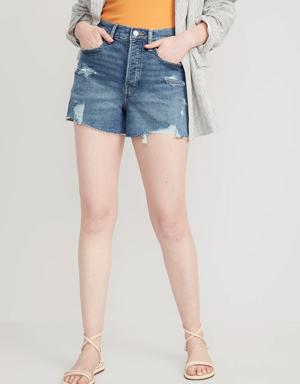 Higher High-Waisted Button-Fly A-Line Ripped Cut-Off Jean Shorts for Women -- 3-inch inseam blue