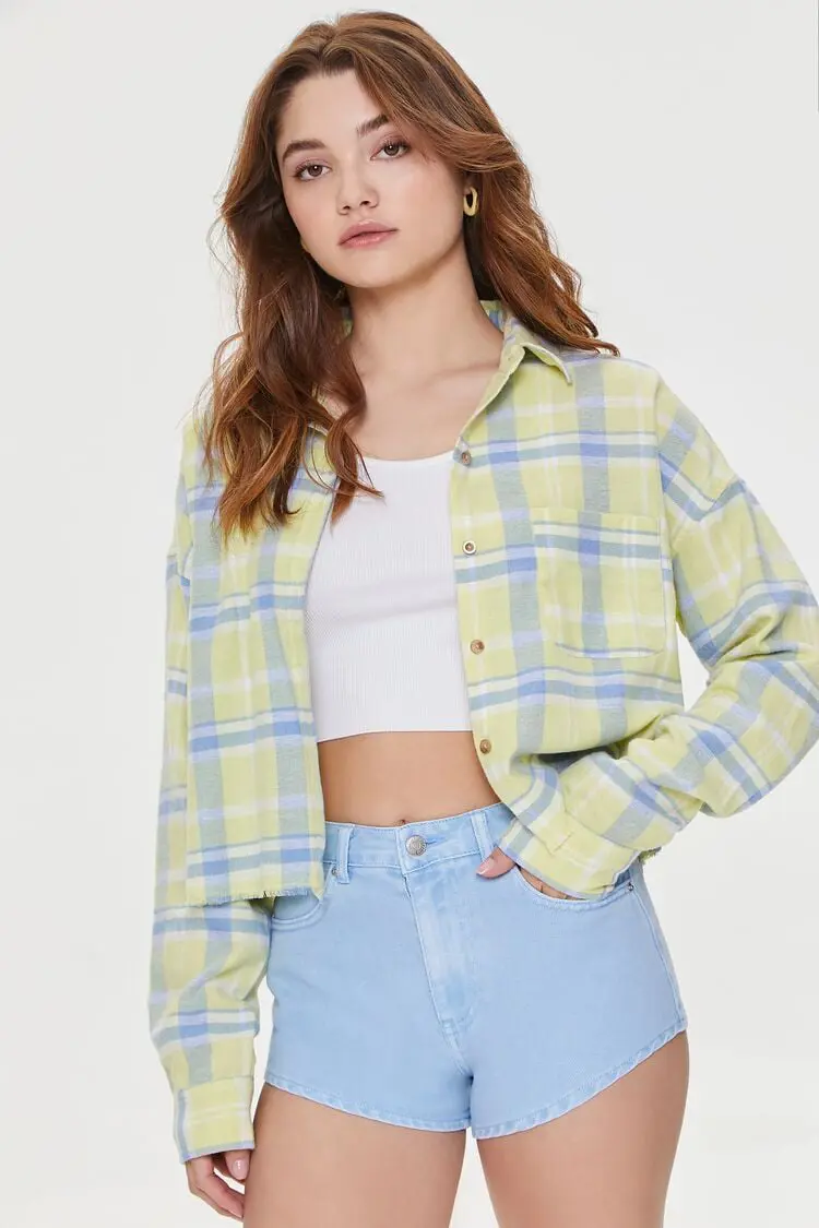 Forever 21 Forever 21 Frayed Plaid Shirt Light Yellow/Multi. 1