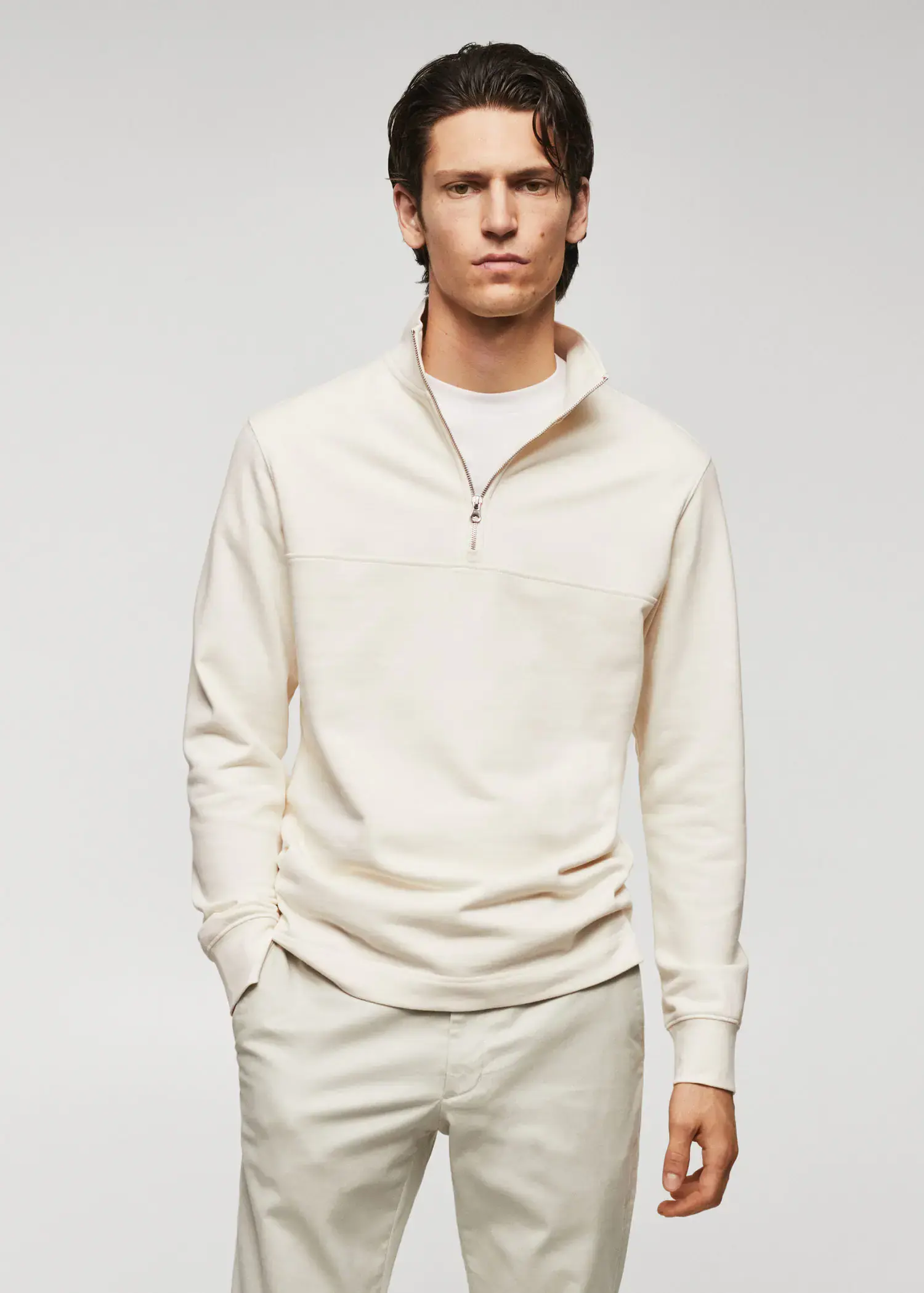 Mango Cotton sweatshirt with zipper neck. a man wearing a white shirt and a white jacket. 