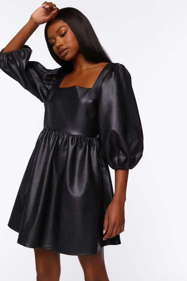 Forever 21 Forever 21 Faux Leather Balloon Sleeve Mini Dress Black. 1