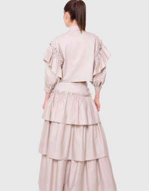 Embroidered Detailed, High Waist Bodice, Pleated Layered Stone Color Long Skirt