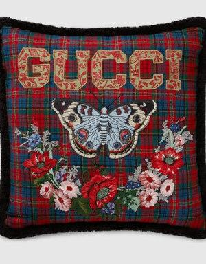 Check wool cushion with butterfly