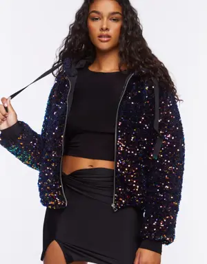 Forever 21 Sequin Hood Puffer Jacket Black/Multi