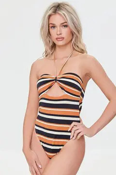 Forever 21 Forever 21 Striped Cutout One Piece Swimsuit Black/Multi. 2