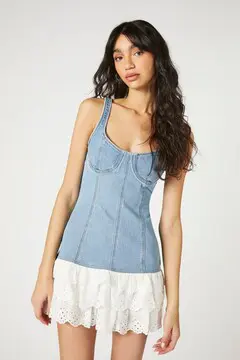 Forever 21 Forever 21 Denim Lace Tiered Mini Dress Light Denim. 2