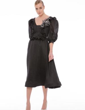 Floral and Stripe Detailed Midi Length Black Dress