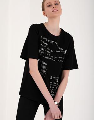 Siyah El Yazısı Baskılı O Yaka Kadın Oversize T-Shirt - 97137