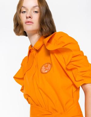 Short Orange Jumpsuit With Shirring Sleeves With Embroidery Applique Detail