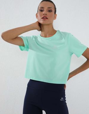Mint Yeşili Basic Kısa Kol Standart Kalıp O Yaka Kadın Crop Top T-Shirt - 97143