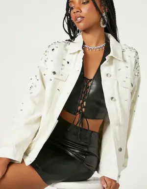 Forever 21 Rhinestone &amp; Faux Gem Trucker Jacket Ivory