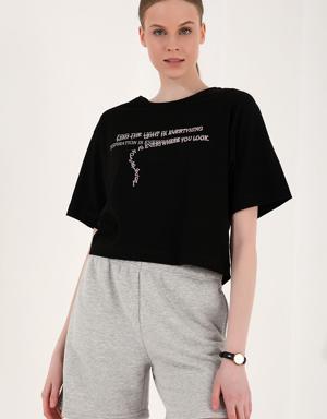 Siyah Yazı Baskılı Kısa O Yaka Kadın Oversize T-Shirt - 97135