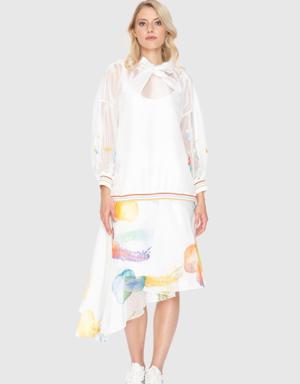 Bow Detailed Colorful Embroidered Organza Transparent Ecru Sweatshirt