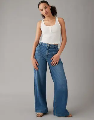 American Eagle Dreamy Drape Stretch Curvy Super High-Rise Baggy Wide-Leg Jean. 1