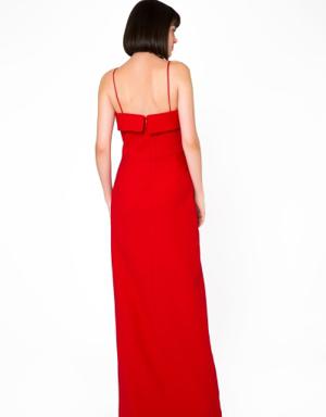 Embroidered Detailed Strapless Red Evening Dress