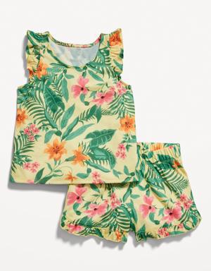 Printed Flutter-Sleeve Pajama Shorts Set for Girls yellow