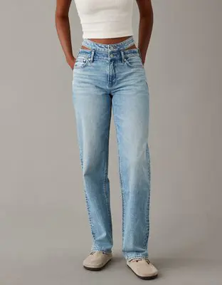 American Eagle Strigid Super High-Waisted Baggy Straight Cut-Out Jean. 1