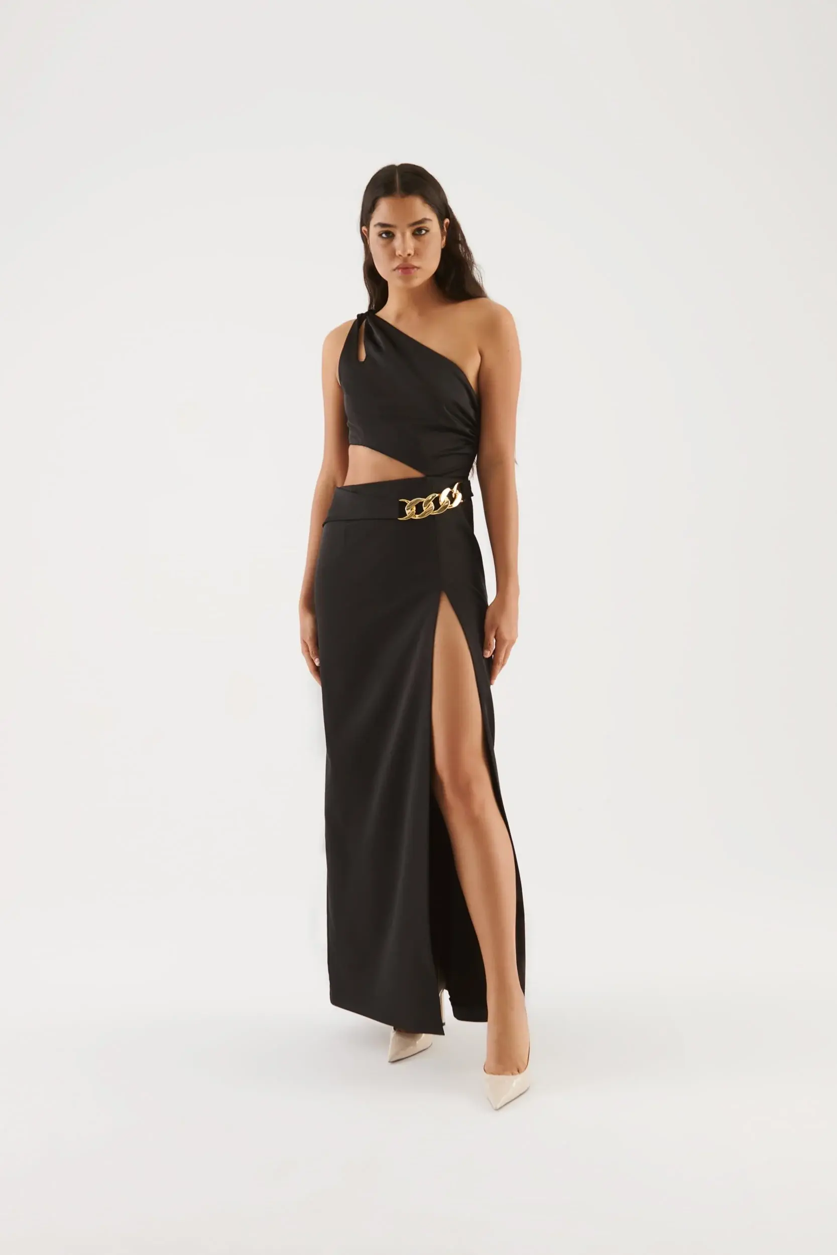 Roman Elegant Front Slit Black Formal Gown - 2 / Black. 1
