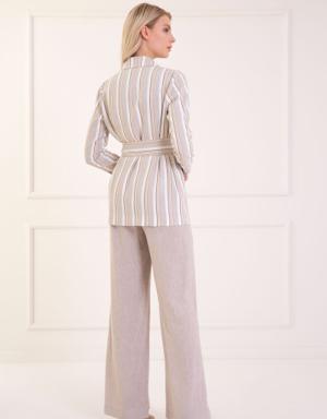 Line Pattern Belted Beige Suit