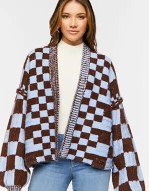 Forever 21 Chunky Checkered Cardigan Sweater Coffee/Blue