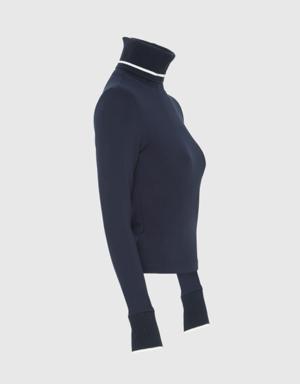 Knitwear Detailed Turtleneck Navy Blue Top