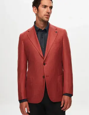 Damat Slim Fit Kırmızı Düz Yün İpek Karışımlı Kumaş Ceket
