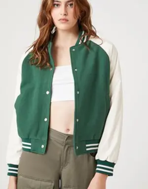 Forever 21 Fleece Varsity Bomber Jacket Green/Cream