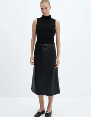 Mango Leather-effect midi-skirt with belt