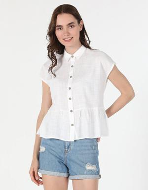 Regular Fit Shirt Neck Fırfır Detaylı Beyaz Kadın Kısa Kol Gömlek