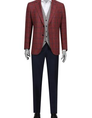 Damat Regular Fit Kiremit Ekose Takim Elbise Kombinli