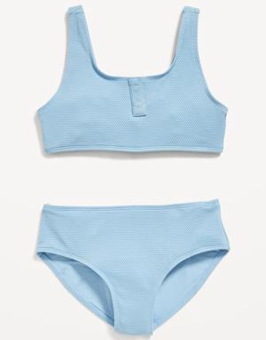 Textured Henley Scoop-Neck Swim Set for Girls blue