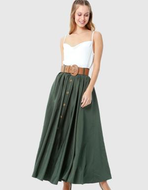 Green Skirt With Button And Leather Belt