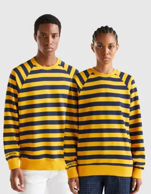 yellow ochre and dark blue striped sweatshirt