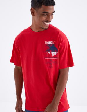 Kırmızı Baskı Detaylı O Yaka Erkek Oversize T-Shirt - 88099
