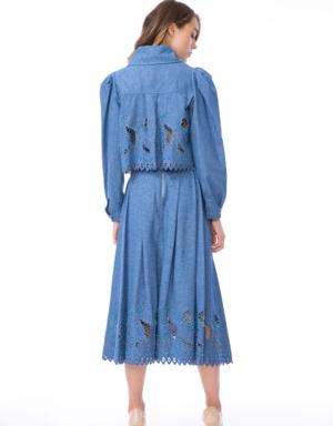 High Waist Embroidered Midi Length Indigo Denim Skirt