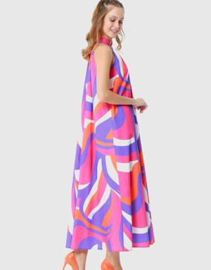 Back Button Detail Contrast Color Patterned Stand Up Collar Sleeveless Maxi Pink Dress