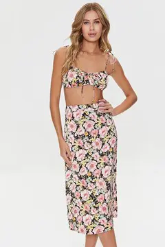 Forever 21 Forever 21 Floral Cropped Cami &amp; Midi Skirt Set Black/Multi. 2