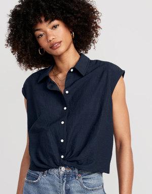 Dolman-Sleeve Twist-Front Cropped Shirt blue
