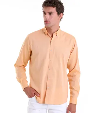 Turuncu Comfort Fit Düz 100% Pamuk Düğmeli Yaka Uzun Kollu Casual Oxford Gömlek