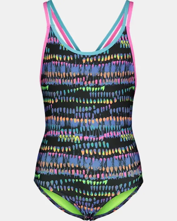 Under Armour Little Girls' UA Watercolor Drip One-Piece Swimsuit. 1