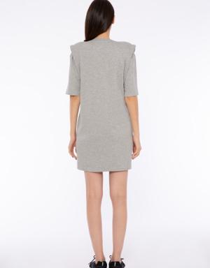 Shoulder Detailed Printed Knitted Grey Dress