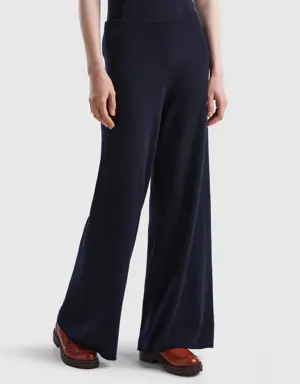 dark blue wide leg trousers in cashmere and wool blend