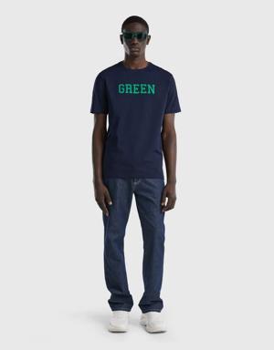 Erkek Lacivert %100 Koton Renk Yazı Baskılı T Shirt