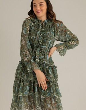 Yaka Bağlama Çiçekli Şifon Elbise - YEŞİL