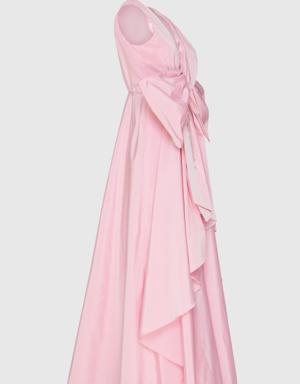 Long Pink Evening Dress with Front Bow and Embroidered Detail